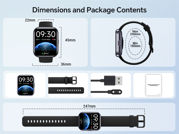 Text reads 'Dimensions and Package Contents'. Technical diagram showing smartwatch dimensions (45mm x 36mm), charging cable, and accessories with precise measurements.