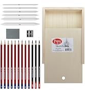 Pepy Sketching and Drawing Set in Wood Carrying Box: 3 Charcoal Pencils, 8 Graphite Pencils, Shar...