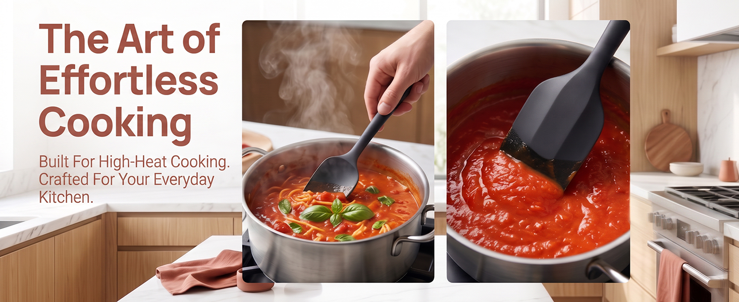 black silicone spatula stirring hot pasta sauce in pot, premium kitchen utensil for high-heat