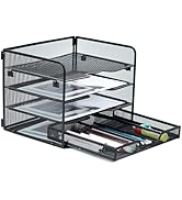 SETTFRFE 4-Tier Mesh Paper Letter Tray,Desk File Organizer with a Sliding Drawer,Office Supplies ...