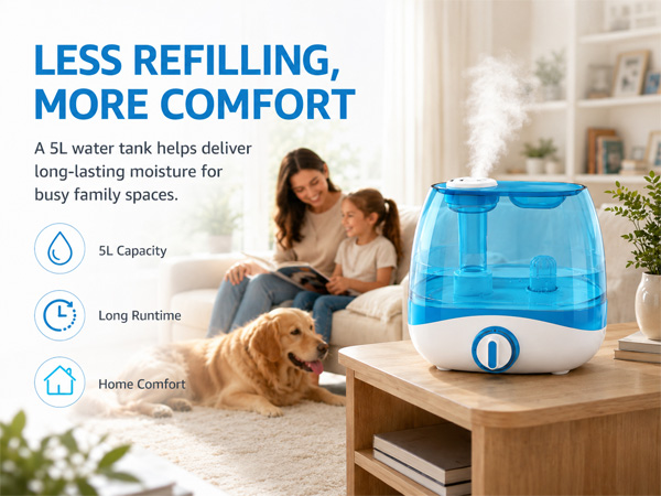 Cool mist humidifier in living room with family and pet for home comfort