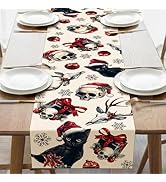 Croar Christmas Gothic Skull Black Cat Dining Table Runner, Creepy Xmas Reindeer Skeleton Gift Ba...