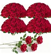 100 Pcs Fake Roses Bulk Red Artificial Flowers, Artificial Velvet Silk Roses Bouquet with Stems f...