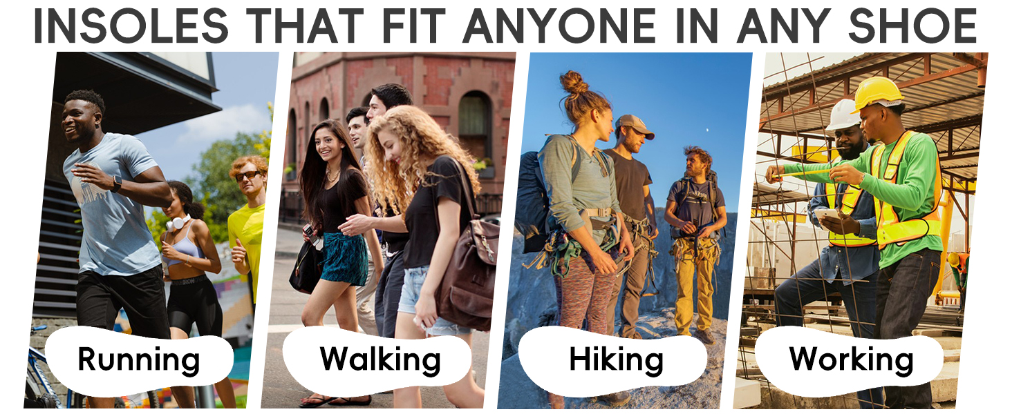 Insole advertisement showing people running, walking, hiking, and working. Text claims insoles fit anyone in any shoe.