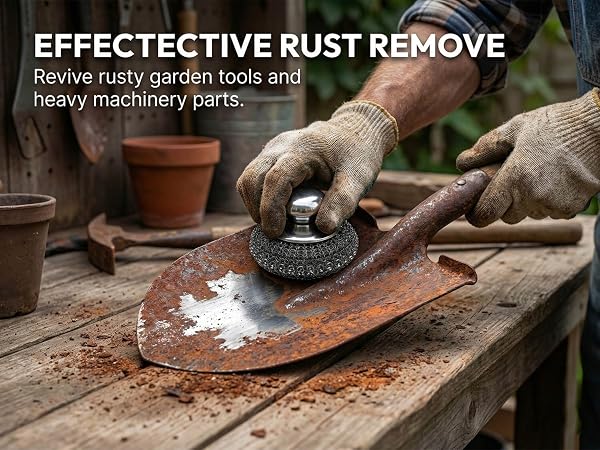 Steel wool scrubber removing rust from garden tools and industrial equipment.