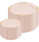 Joyido 200PCS Pink and Gold Plates - Pink Plastic Plate - Fancy Disposable Plates with Gold Rim -...