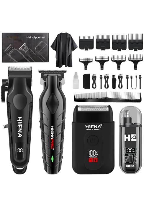 HIENA PRO Hair Clipper Set for Men, 4-in-1 Cordless Kit | Adjustable clipper, T-blade trimmer, fl...
