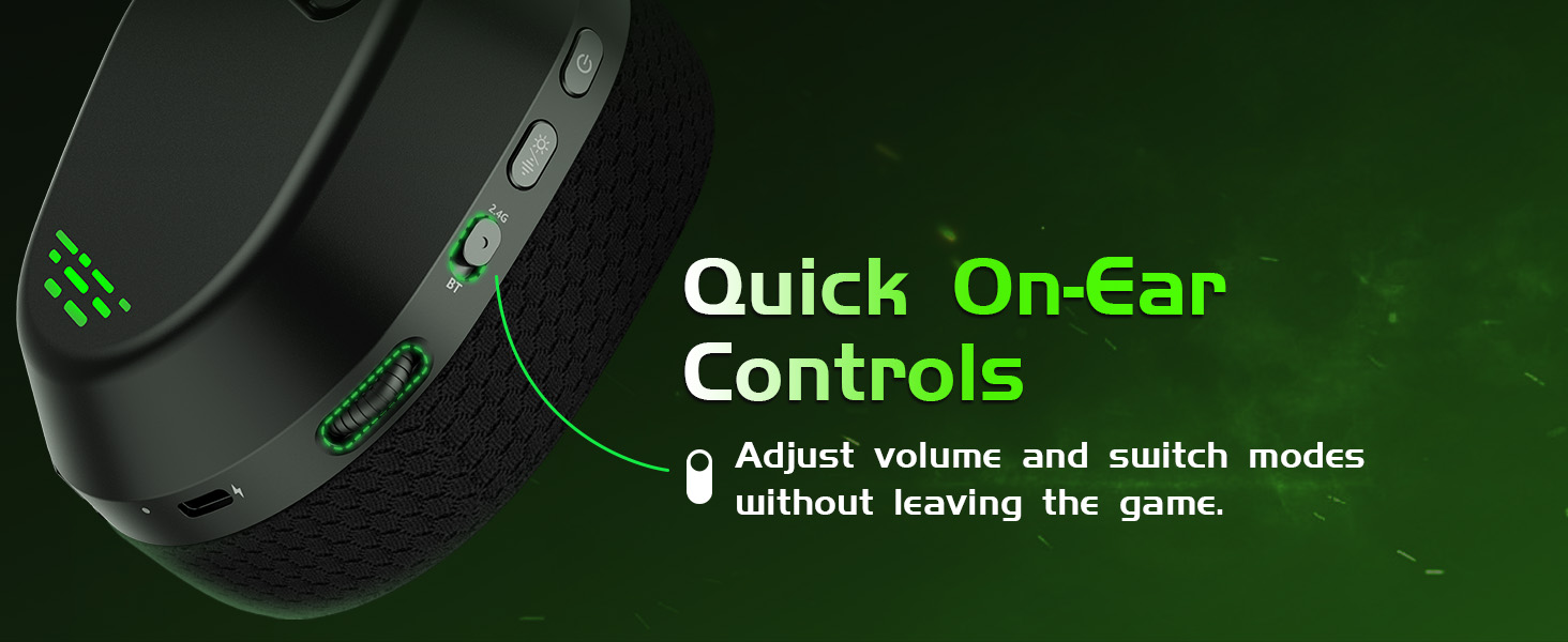 On-ear controls allow quick volume adjustment and 2.4G/Bluetooth mode switching.