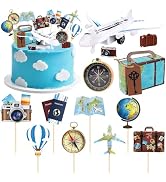 Hooqict 34 Pcs Travel Cake Topper with Mini Suitcase, Globe, Map, Airplane Cake Decorations for T...