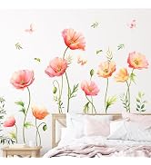 Large Pink Floral Wall Decals Poppy Flower Butterfly Wall Stickers Peel and Stick Autumn Floral W...