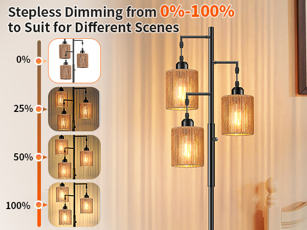 Hotsonic 72" Rattan Boho Floor Lamp, Tall Dimmable Standing Lamp with Handcrafted Brown Shad