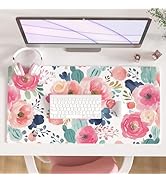 Colorful Star Large Mouse Pad, Pink Floral Desk Mat for Desktop, Women Girls Flowers PU Leather W...