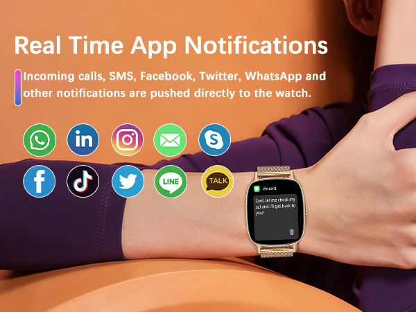 Text reads 'Real Time App Notifications', 'Incoming calls, SMS, Facebook, Twitter, WhatsApp and other notifications are pushed directly to the watch'. Shows social media icons and notification interface.