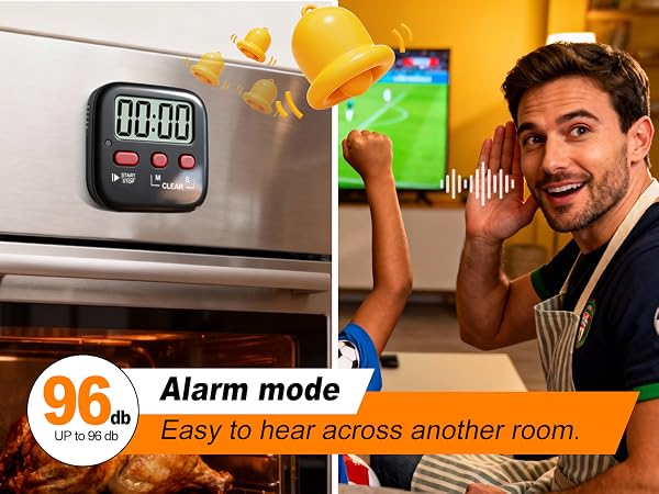 Text reads '96db' and 'Alarm mode' and 'Easy to hear across another room'. Digital timer display with person showing kitchen demonstration in split-panel product advertisement.