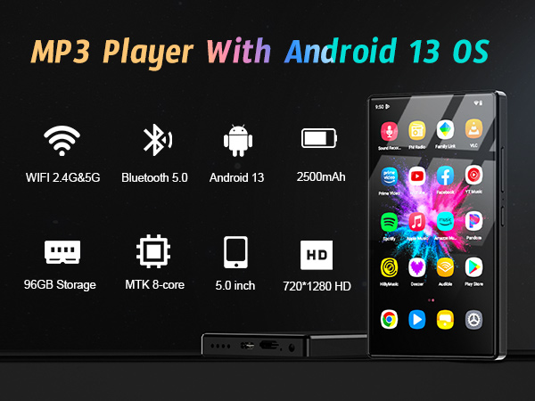 Text reads 'MP3 Player With Android 13 OS'. Series of interface screenshots showing various menu screens and settings of an Android-based MP3 player system.