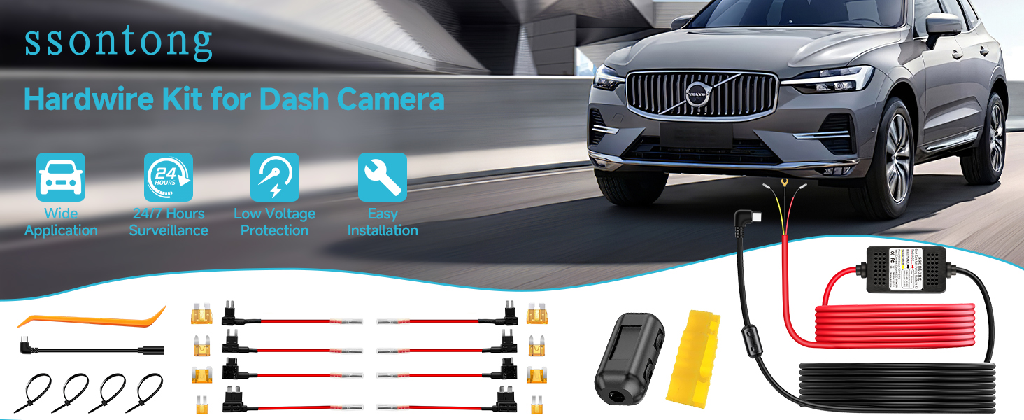 Hardwire kit for dash camera, including various cables, fuses, and installation tools. Image shows a luxury SUV and product features.