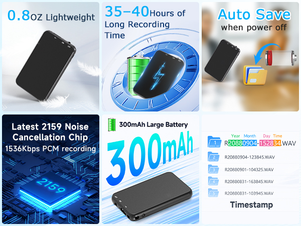 lightweight noise cancellation chip 1536kbps PCM recording 300mah large battery auto save timestamp