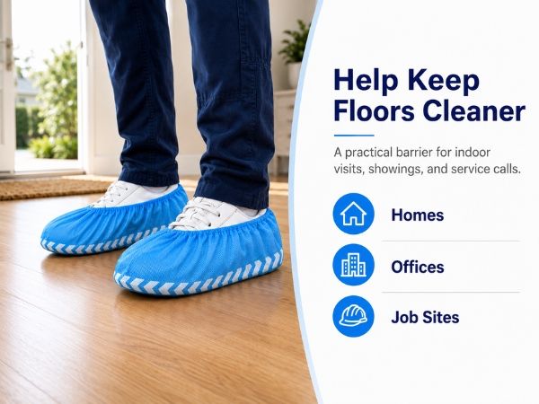 Blue shoe covers on indoor floor for homes, offices, and job sites