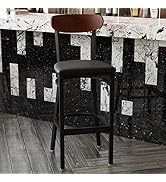 Flash Furniture Wright Set of 2 Commercial Barstools - Walnut Wood Boomerang Back - Black Vinyl S...