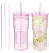 Luiaiog Glass Cups with Lids and Glass Straws, High Borosilicate 20OZ Pink Tumblers (2Pcs) for Co...