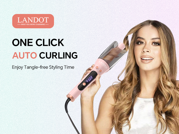 LANDOT Automatic Rotating Curling Iron in Pink - Perfect Self Curling Iron for Beginners