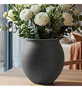 Kayolin Round Wide Mouth Black Ceramic Vase -9.7" Large Flower Pot with Drainage Hole for Indoor ...