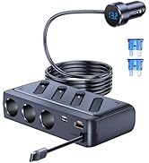 Cigarette Lighter Splitter with Retractable Type C Cable, LIHAN 3 Sockets Car Charger Adapter, 12...