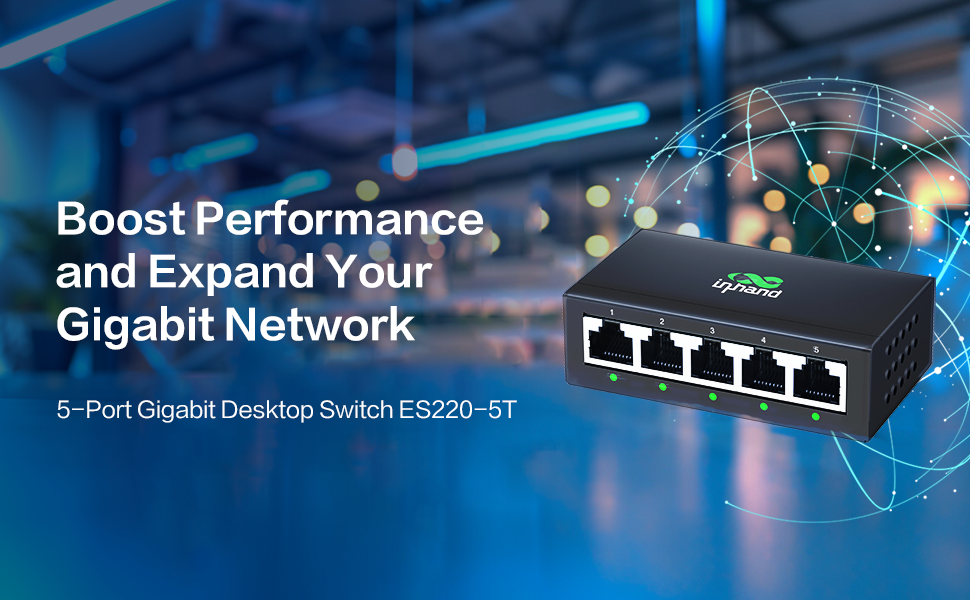 5-Port Gigabit Desktop Switch ES220-5T network device, shown in black with five ethernet ports against blue tech-themed background.