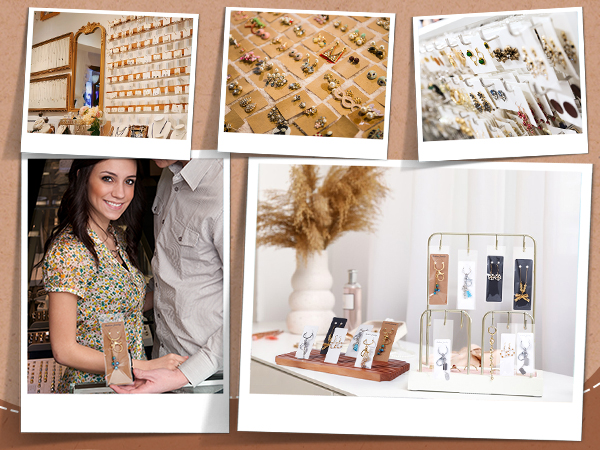 Collage of jewelry store displays: shelves with necklaces, trays of rings, earring stands, and a product showcase with hanging tags on a wooden board.