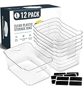 12 PACK Multi-Use Clear Plastic Storage Bins for Organizing w/Labels - Home, Kitchen, Pantry, Bat...