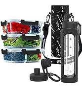 FIT Strong & Healthy 1, 2 & 3 Compartment Glass Meal Prep Containers with BLACK Lid and 32 oz Gla...