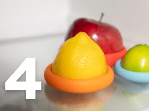 Fresh fruits and vegetables are saved in silicone food savers in the fridge to keep organized