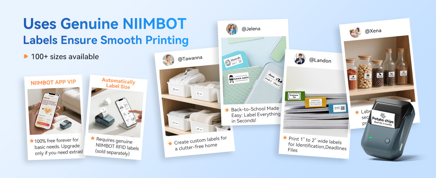 Keep your label maker running smoothly with official NIIMBOT label papers—available in 100+ sizes!