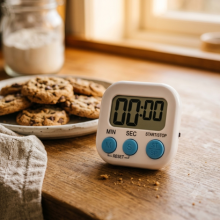 Digital kitchen timer on wooden counter next to baked cookies for oven timing