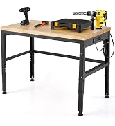 Goplus Work Bench with Power Outlet, 48” Adjustable Oak Wood Work Table with Non-Slipping Pads, 1...