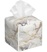 White Gold Marble Tissue Box Cover Square, Modern Abstract Marble Texture Tissue Box Holder Water...
