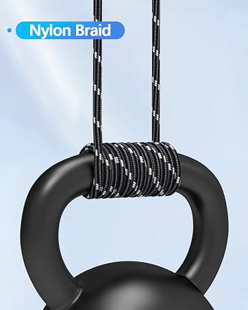 Black ring-shaped fitness handle suspended by black and white braided nylon ropes. Text 'Nylon Braid' visible. Handle appears suitable for strength training or gymnastics exercises.
