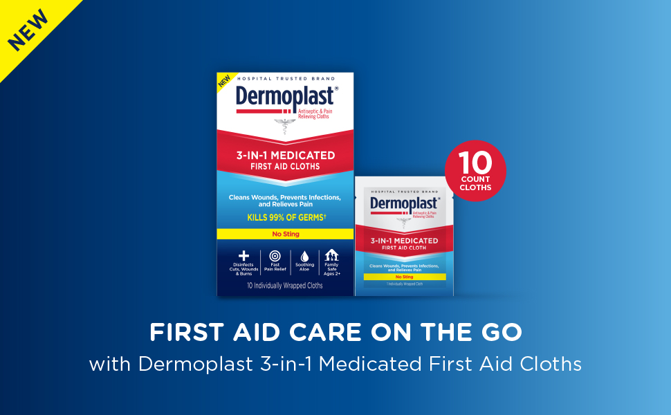 Dermoplast, first aid kit, medicated first aid cloths