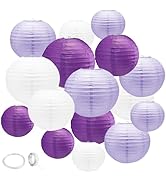 16Pcs Purple White Paper Lanterns,Round Hanging Paper Laarty Decorations with Tape and String for...