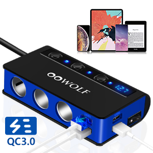 Blue and black USB hub with QC3.0 charging capability, multiple ports, and LED indicators, shown with mobile devices connected.