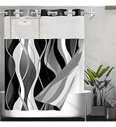 Nkzply No Hook Shower Curtain with Snap in Liner Black Striped Shower Curtain and Liner Set White...