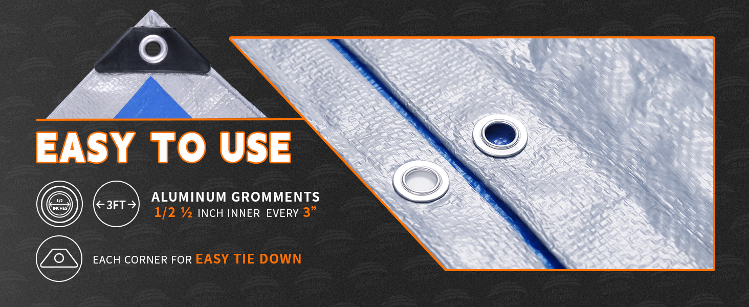 Metal grommets around the edges for better durability; 1/2 inch inner diameter, spaced every 3 feet.
