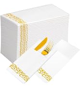 KAMMAK White Dinner Paper Napkins with Pocket Disposable 100 Pack Yellow Trim Linen Feel Wedding ...