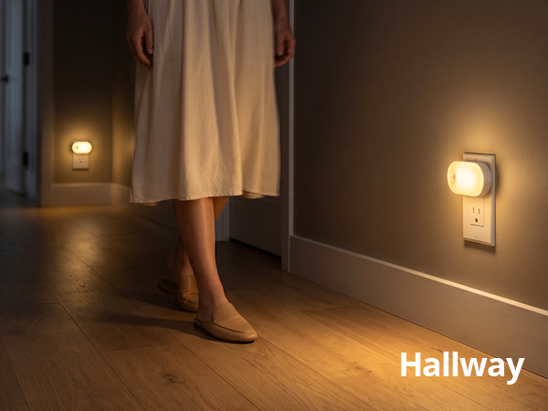Plug-in night lights guiding a person walking down a hallway.