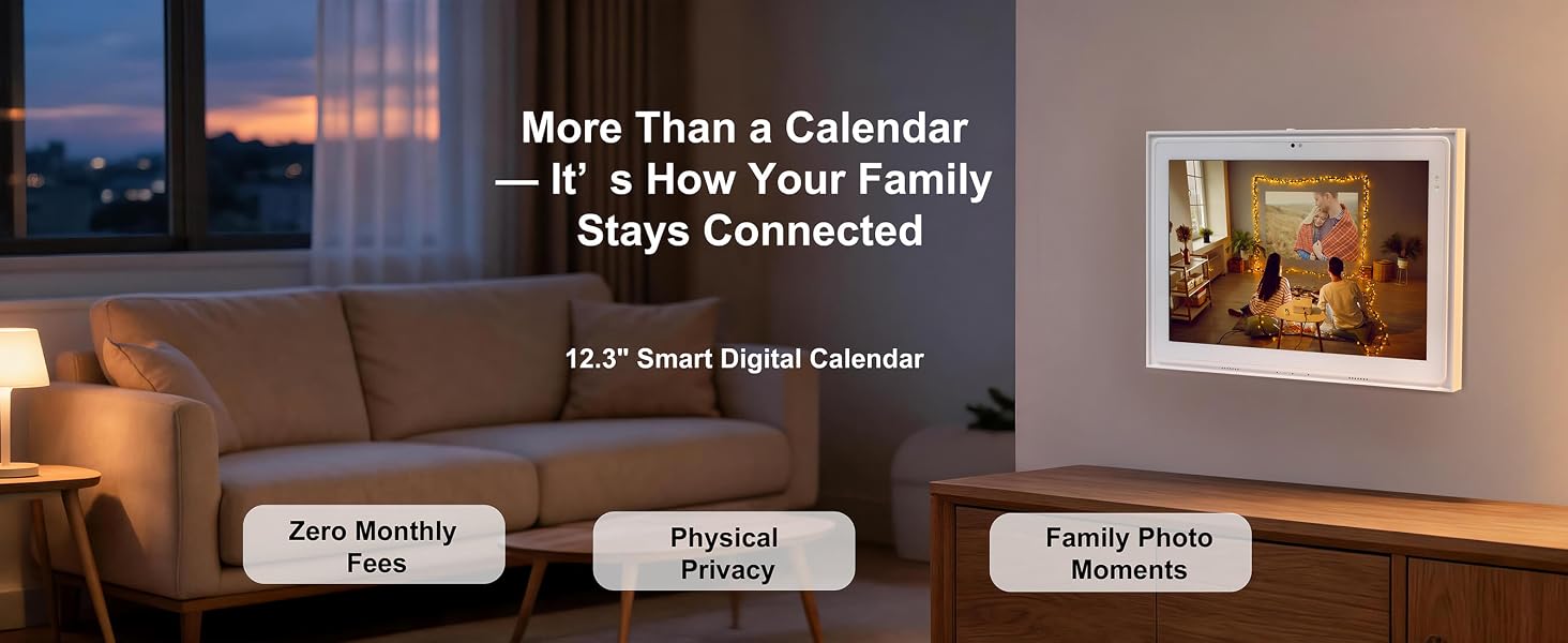Digital calendar on living room wall showing family photos in soft evening light