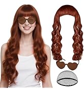 PLULON Long Curly Hair Wig with Heart Sunglasses and Hair Cap for Women Men, Wavy Wigs Synthetic ...