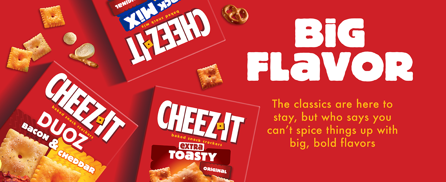Overhead view of 3 boxes of Cheez-It crackers in different flavors on a red background, Big Flavor