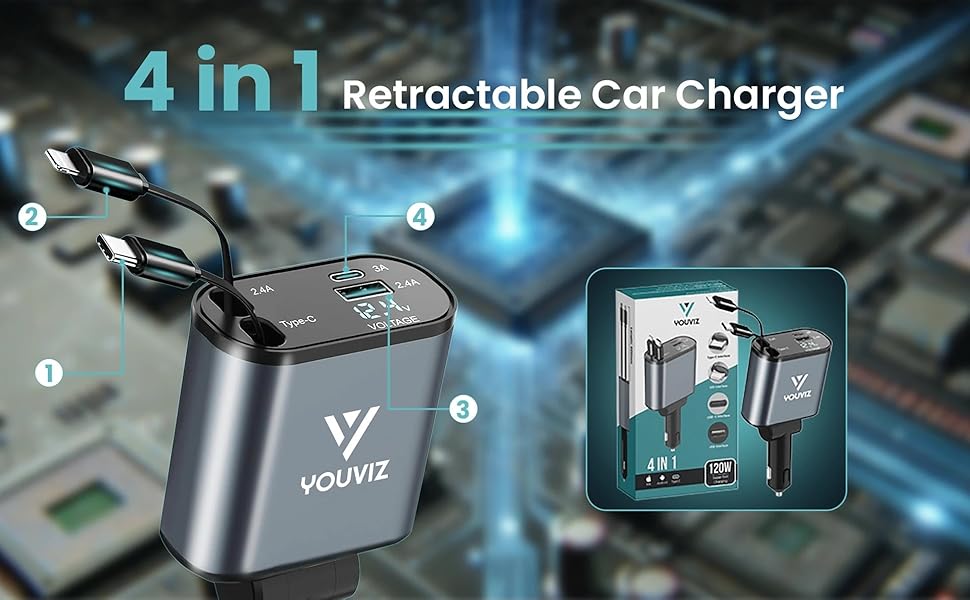 retractable car charger 4-in-1 adapter USB C multi-device fast charging