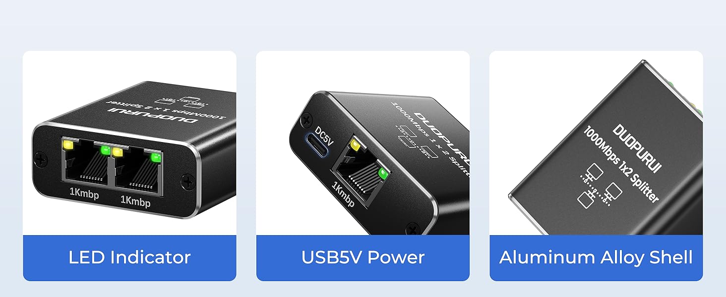 ethernet splitter 1 to 2 Aluminum alloy shell, LED Indicator, USB5V Power