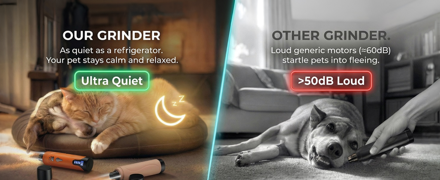 Comparison of YABIFE quiet nail grinder and louder generic grinder in home grooming scene
